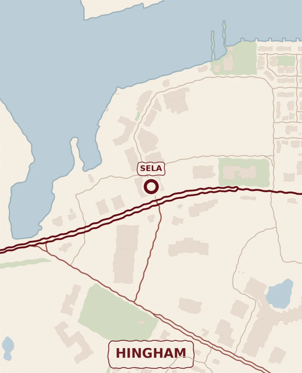 A hand-drawn map of SELA's Hingham campus at the Hingham Shipyard, on the harbor