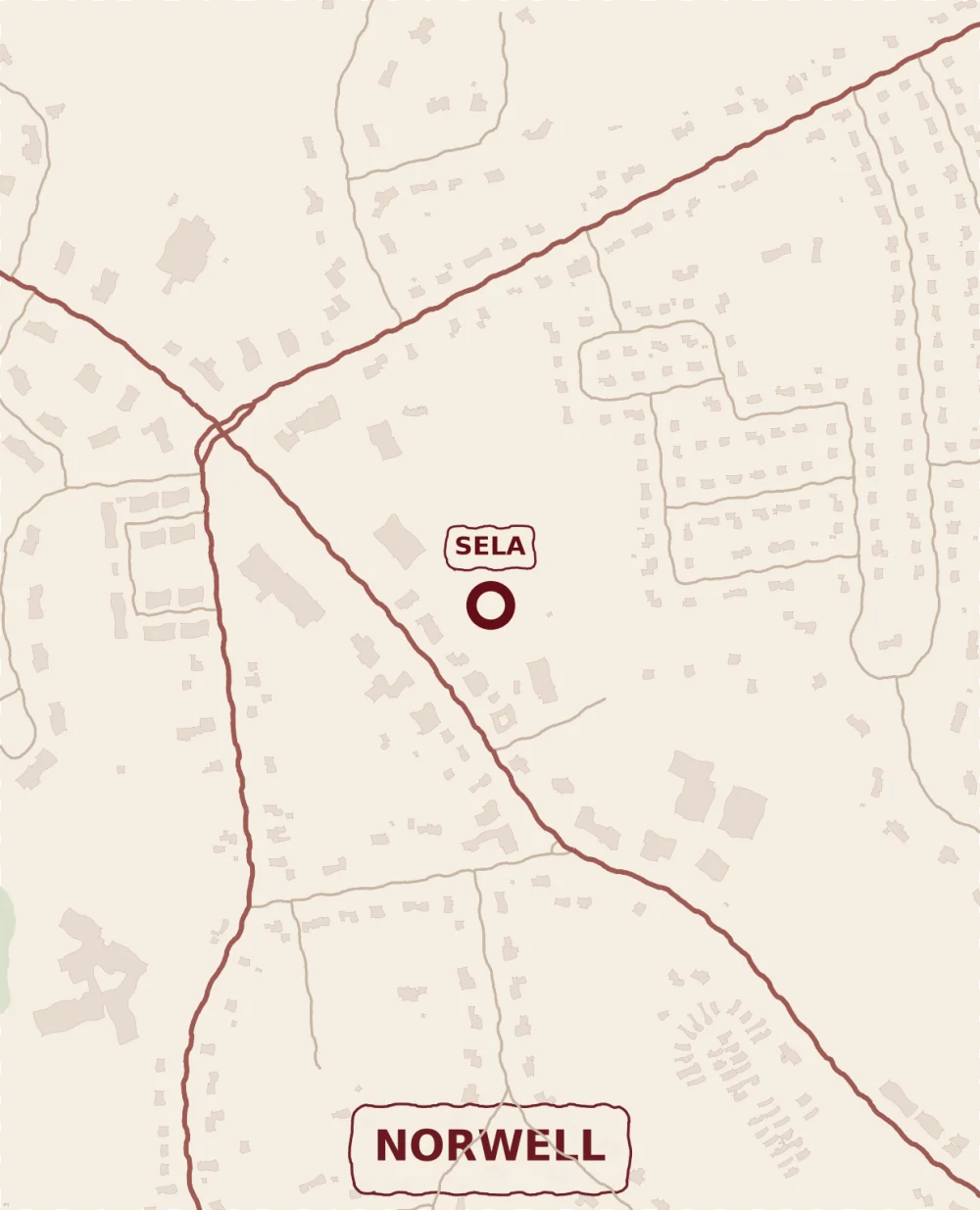 A hand-drawn map of SELA's Norwell campus on Washington Street