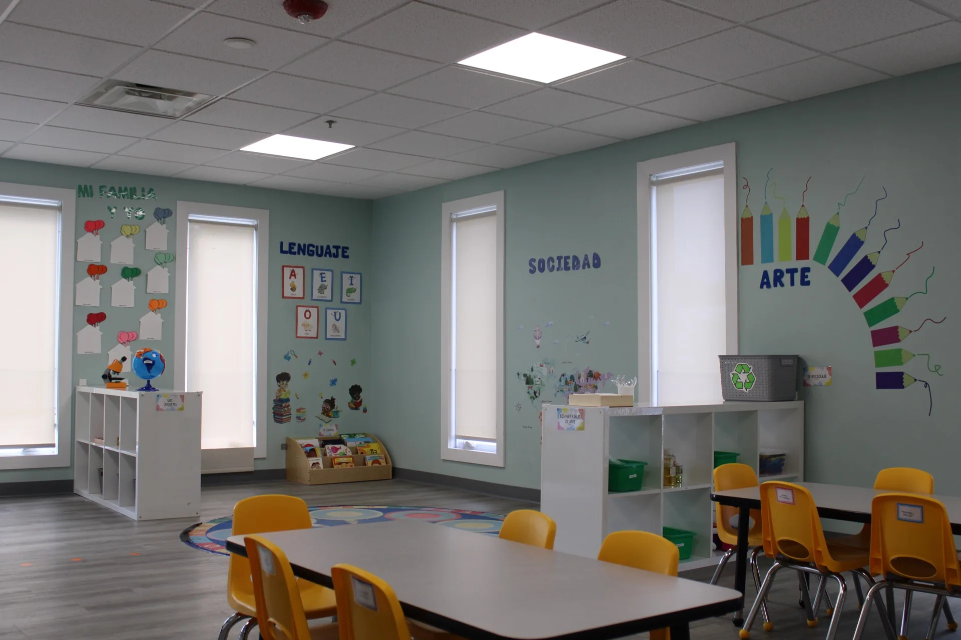 A colorful immersion classroom with Spanish learning walls at SELA's Norwell campus.
